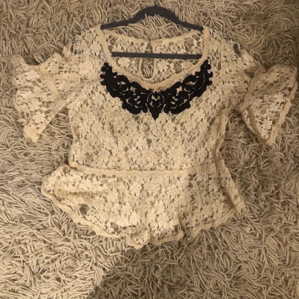 Free People White Lace Embroidered Top
